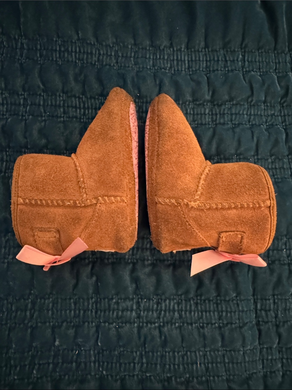 UGG Baby Jesse Chestnut Suede Booties with Pink Bows, cozy Velcro warm cute